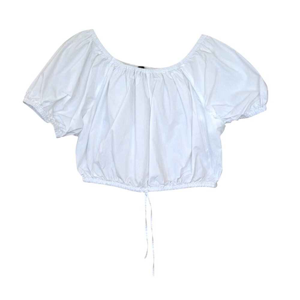 J. Crew White Cinched Waist Puffed Short Sleeve Cropped Top Size Medium - Picture 3 of 7
